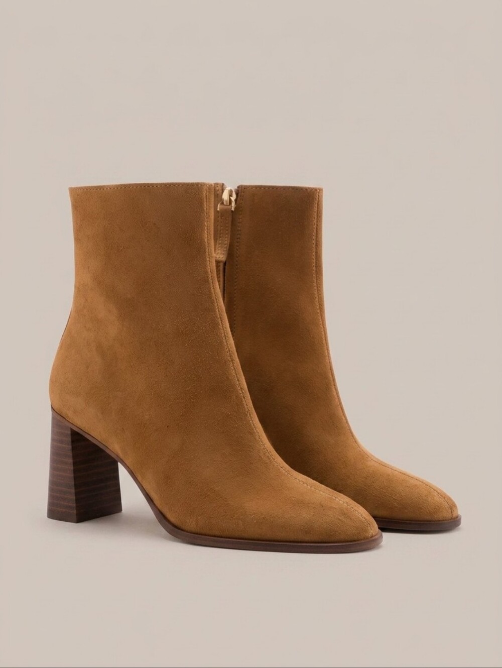 Mango Women's Tan Suede Ankle Boots - Classic Block Heel Fall Boots Size 7.5